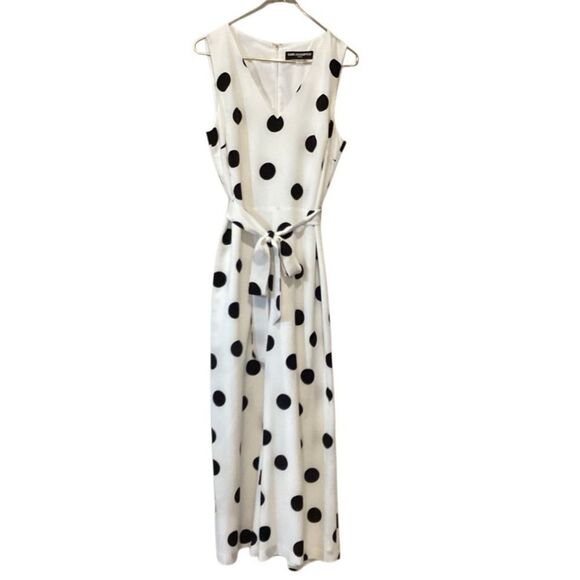 Karl Lagerfeld Paris Cropped Jumpsuit belt White black polka dot Size 12 - Picture 6 of 9